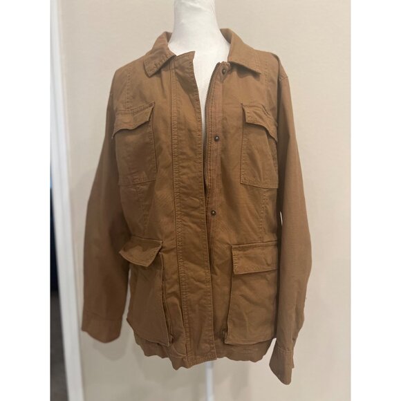 Womens tan utility cargo shacket jacket button-down cinched waist  MEDIUM - Picture 9 of 9